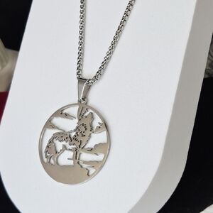 Silver Howling Wolf Pendant Necklace Stainless Steel Moon Medallion 24” Chain